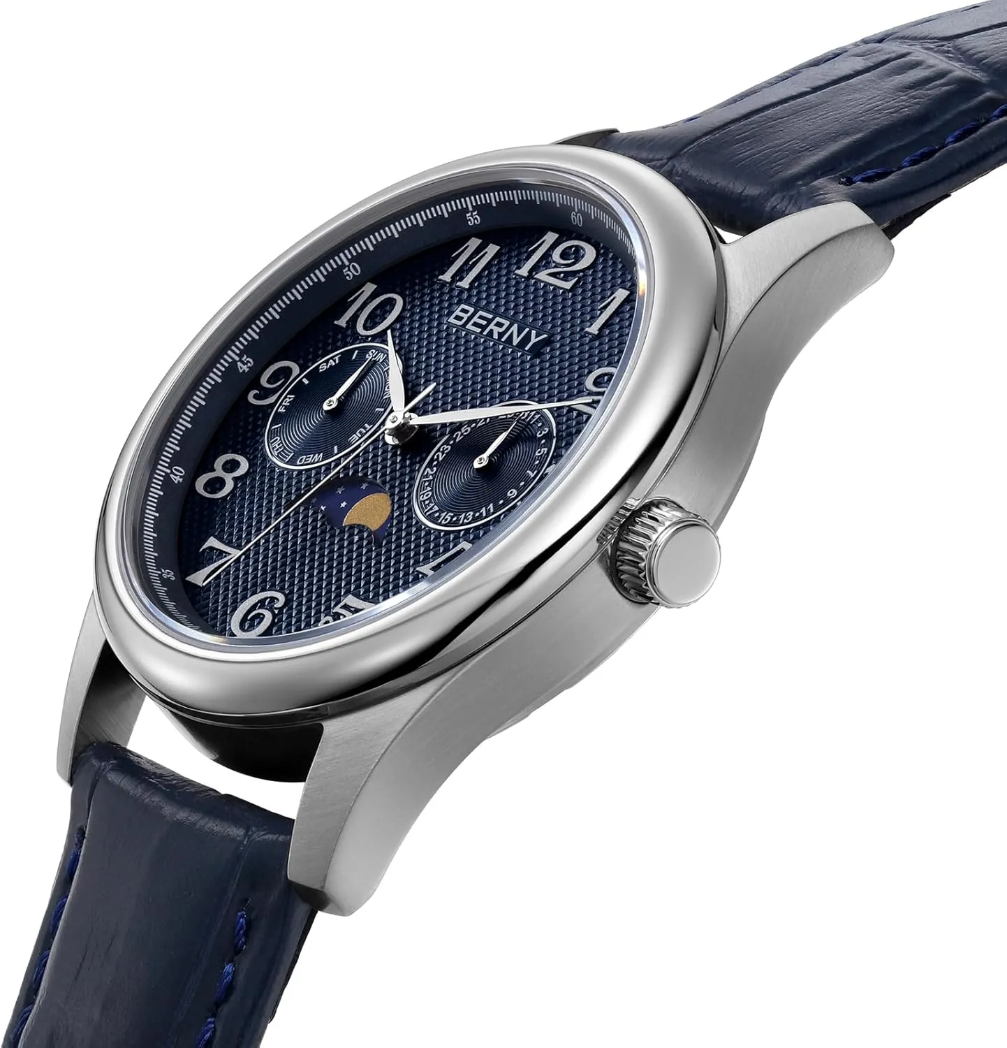 Silver Watch for Men Moon Phase Watches Multi-Function Quartz Wristwatch Easy Read Arabic Numerals sedimentary route postage Dial Analog Watches Stainless Steel Case Sub-dail with Date Day Calendar BERNY 