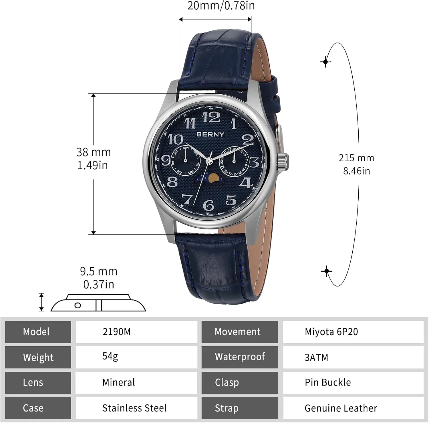Silver Watch for Men Moon Phase Watches Multi-Function Quartz Wristwatch Easy Read Arabic Numerals sedimentary route postage Dial Analog Watches Stainless Steel Case Sub-dail with Date Day Calendar BERNY 