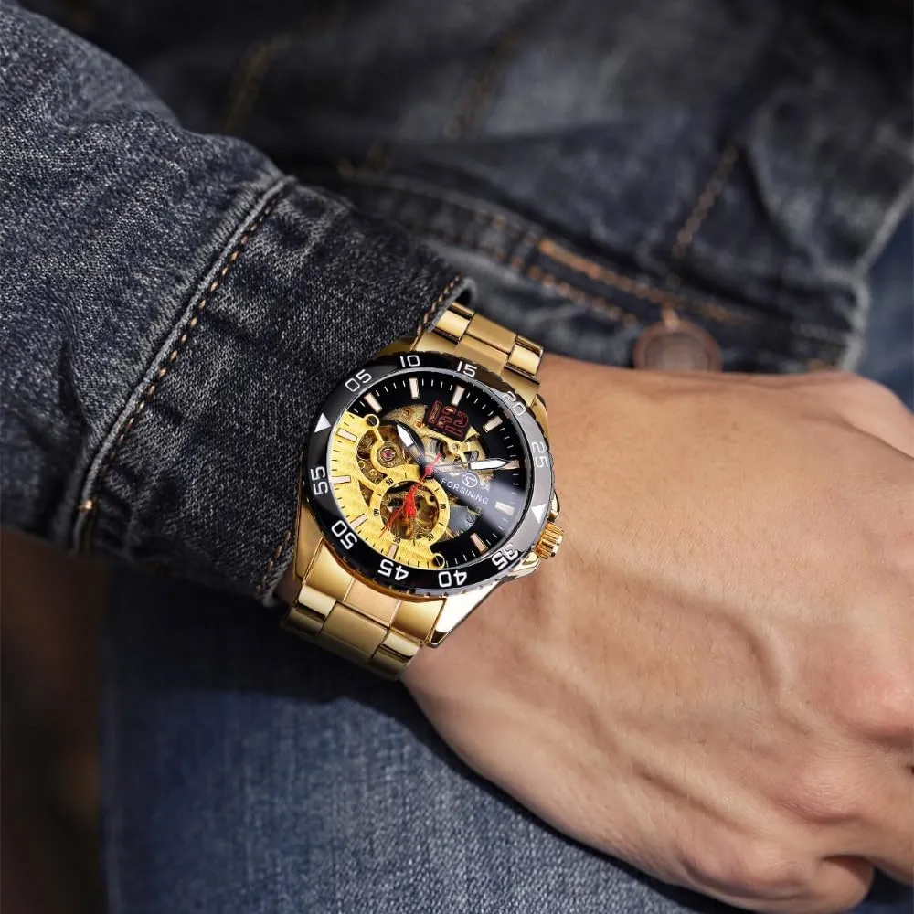 Skeleton Man Clock Stainless Steel Turkic Fashion Golden Dial Waterproof Wristwatches Relojes Automatic Mechanical Mens Watches Hollow 