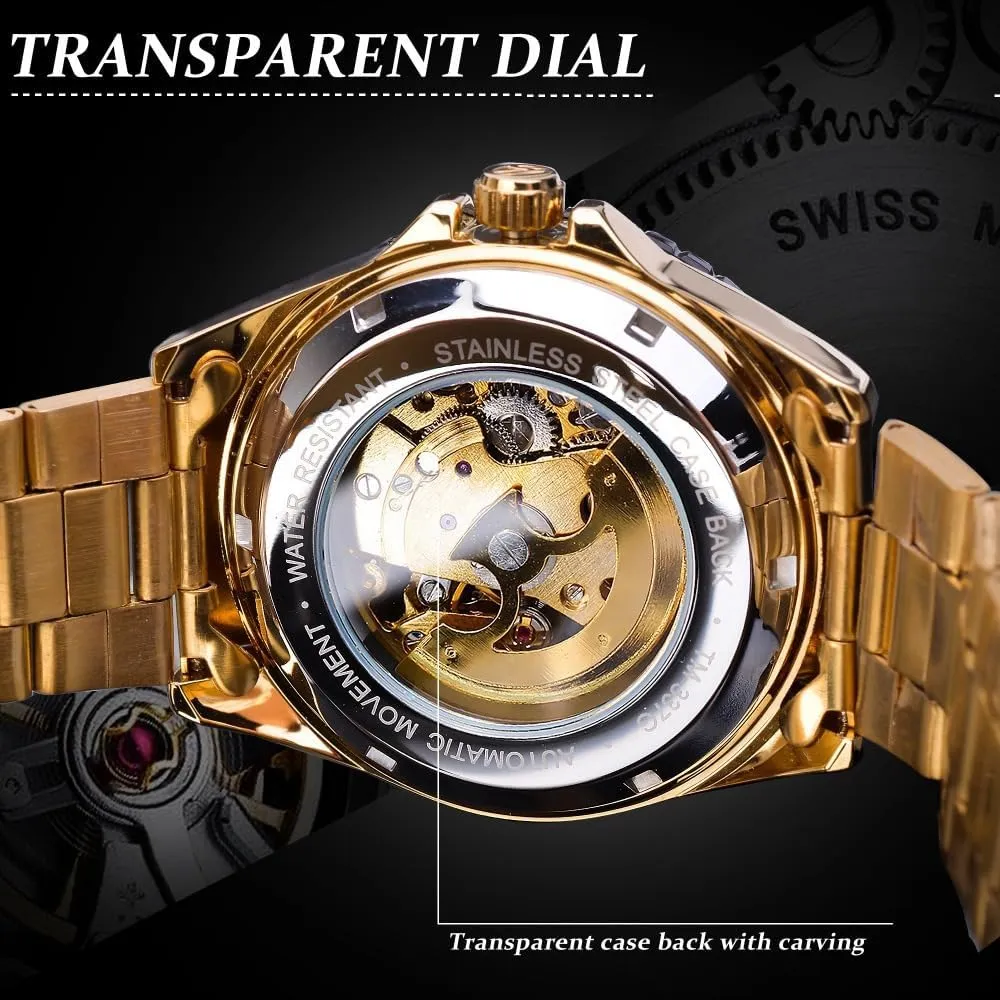 Skeleton Man Clock Stainless Steel Turkic Fashion Golden Dial Waterproof Wristwatches Relojes Automatic Mechanical Mens Watches Hollow 