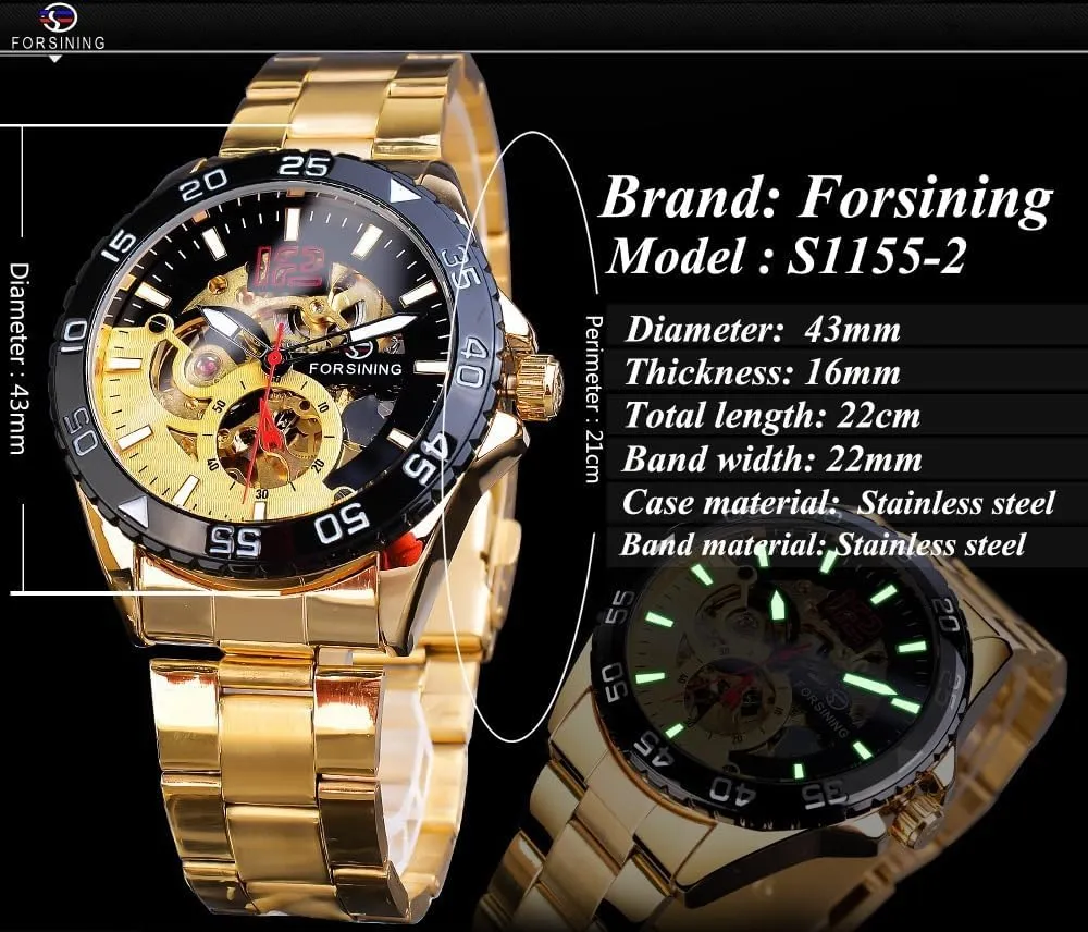 Skeleton Man Clock Stainless Steel Turkic Fashion Golden Dial Waterproof Wristwatches Relojes Automatic Mechanical Mens Watches Hollow 