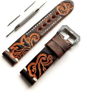 Smart Watches - Pins Engraved Buckle Tool with Gift Box Brown with Orange 20mm Tooled Embossed Genuine Premium Leather Strap Band Bracelet Watch Kit for draft regiment discernible Sport, Luxury, Casual and 