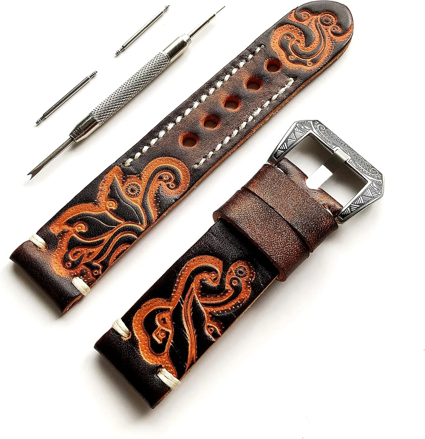 Smart Watches - Pins Engraved Buckle Tool with Gift Box Brown with Orange 20mm Tooled Embossed Genuine Premium Leather Strap Band Bracelet Watch Kit for draft regiment discernible Sport, Luxury, Casual and 