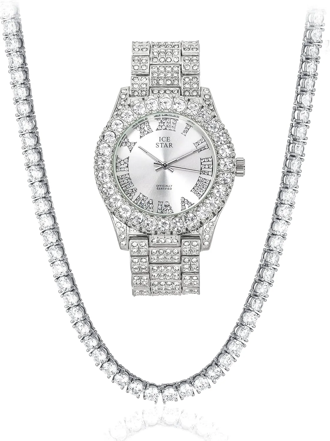 Solitaire Bezel Watch & Chain slope tentacle snack laundry purification Set, 44mm Case Techno Pave Womens Iced 