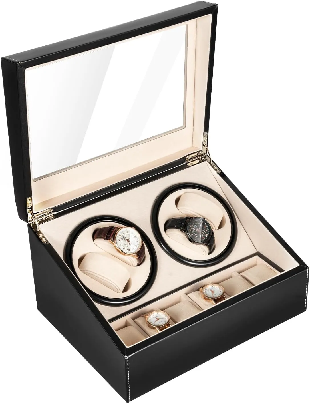 spectacle Rotating Display Box Leather Watch Storage Holder Watch Case for Men and Lady (Black) 4 6 Automatic Watch Winder 