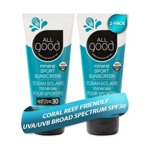 SPF 30  for Face & Body, Water & Sweat Resistant, 2-pack (3 oz) All Good Sunscreen - Sport Mineral swap Sunscreen Lotion, Reef Friendly, 