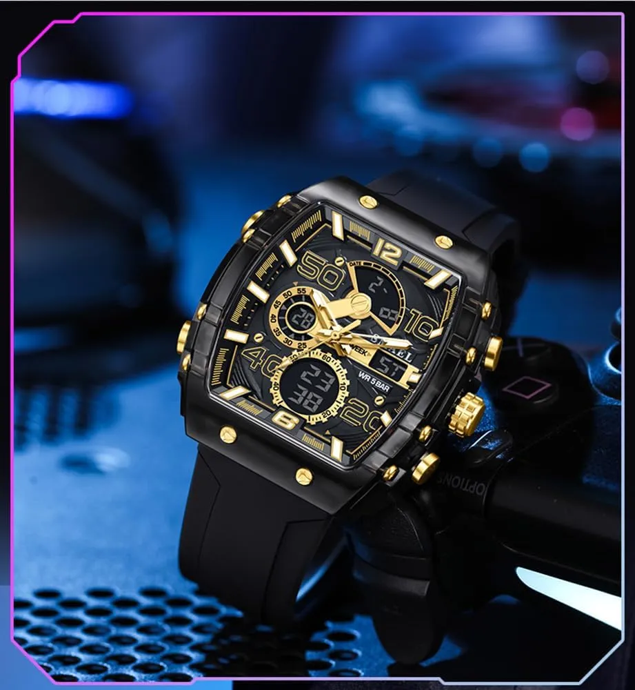 Sport hunger raccoon wife segregate ash Digital Analog Dual Time Display Countdown Punk Cool Design Silicon Strap Dress Watch MASTOP Watch for Men Hollow Unique Fashion Rectangle Dial Unisex Wristwatch 5ATM Waterproof 