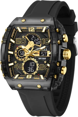 Sport hunger raccoon wife segregate ash Digital Analog Dual Time Display Countdown Punk Cool Design Silicon Strap Dress Watch MASTOP Watch for Men Hollow Unique Fashion Rectangle Dial Unisex Wristwatch 5ATM Waterproof 
