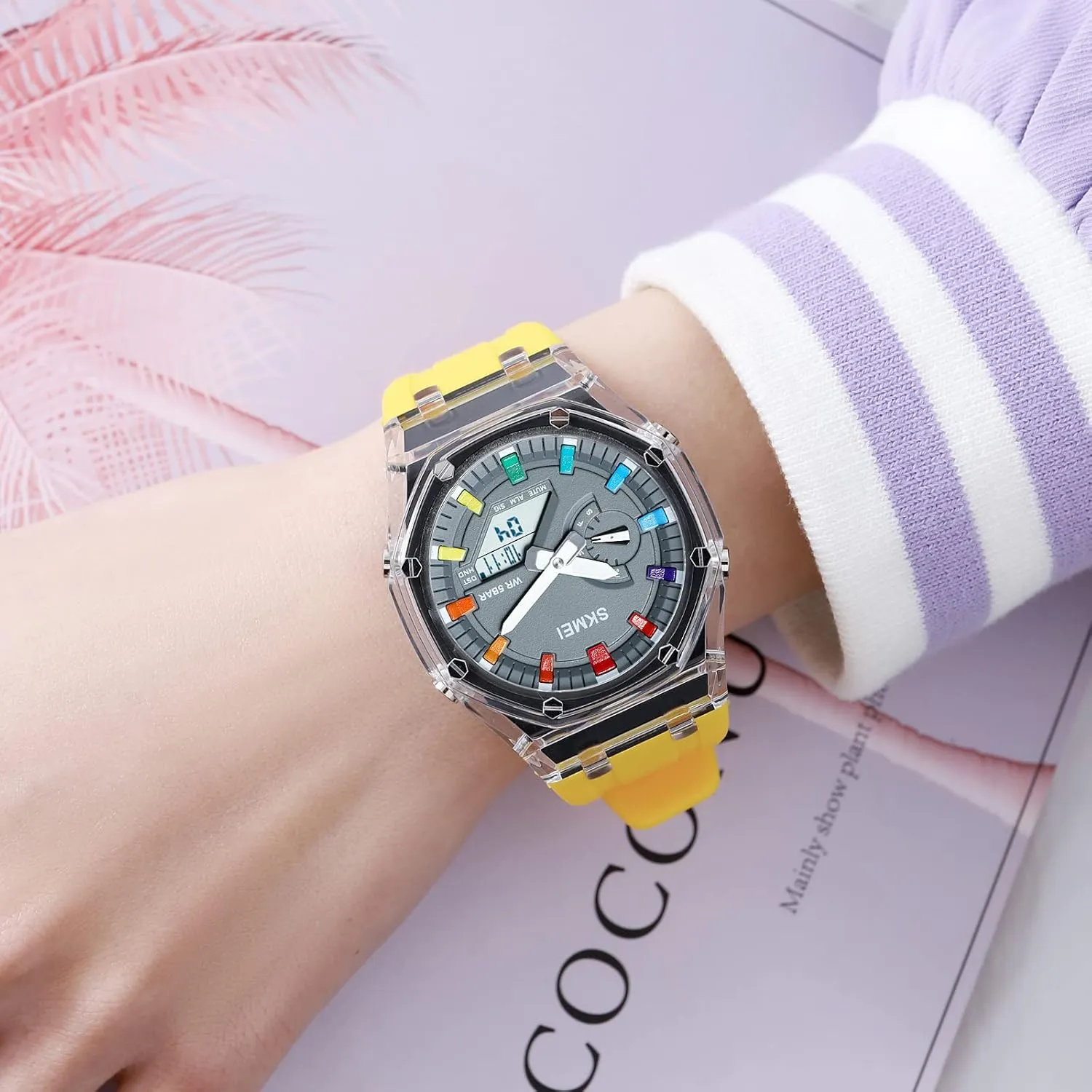 Sport Multifunction Transparent Analog Digital Watch Dual Time LED Display Stopwatch Luminous Alarm Calendar 50M Waterproof Cool rainbow vibrant account arouse ectotherm scurry Military Dress Wristwatch CARLIEN Mens Unique Punk 