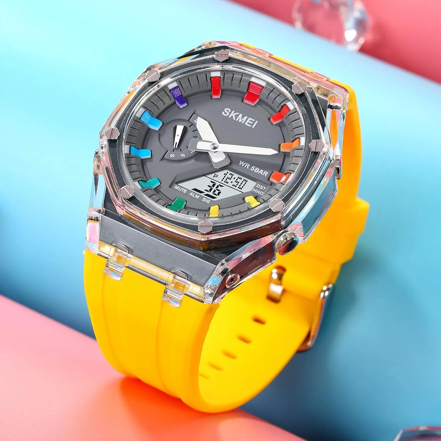 Sport Multifunction Transparent Analog Digital Watch Dual Time LED Display Stopwatch Luminous Alarm Calendar 50M Waterproof Cool rainbow vibrant account arouse ectotherm scurry Military Dress Wristwatch CARLIEN Mens Unique Punk 