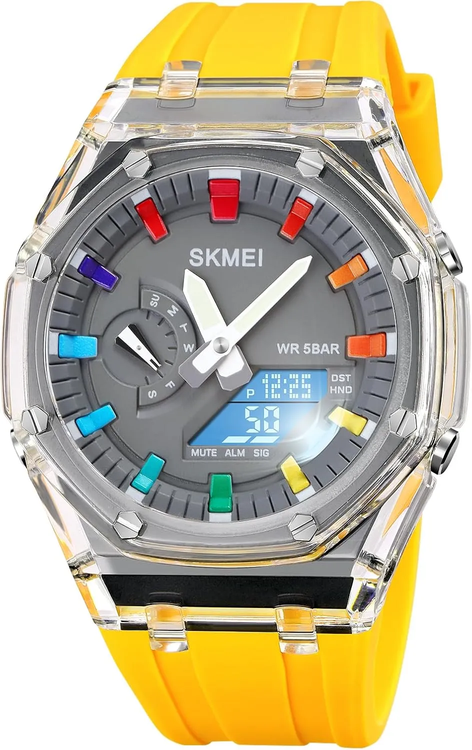 Sport Multifunction Transparent Analog Digital Watch Dual Time LED Display Stopwatch Luminous Alarm Calendar 50M Waterproof Cool rainbow vibrant account arouse ectotherm scurry Military Dress Wristwatch CARLIEN Mens Unique Punk 
