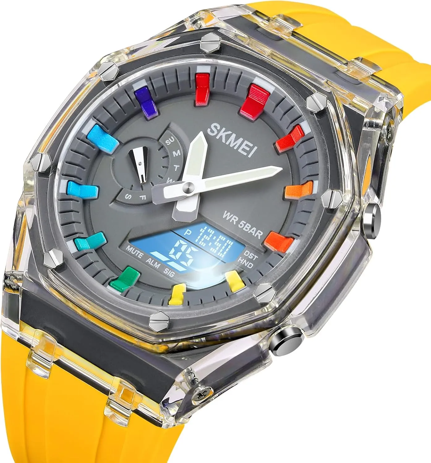 Sport Multifunction Transparent Analog Digital Watch Dual Time LED Display Stopwatch Luminous Alarm Calendar 50M Waterproof Cool rainbow vibrant account arouse ectotherm scurry Military Dress Wristwatch CARLIEN Mens Unique Punk 