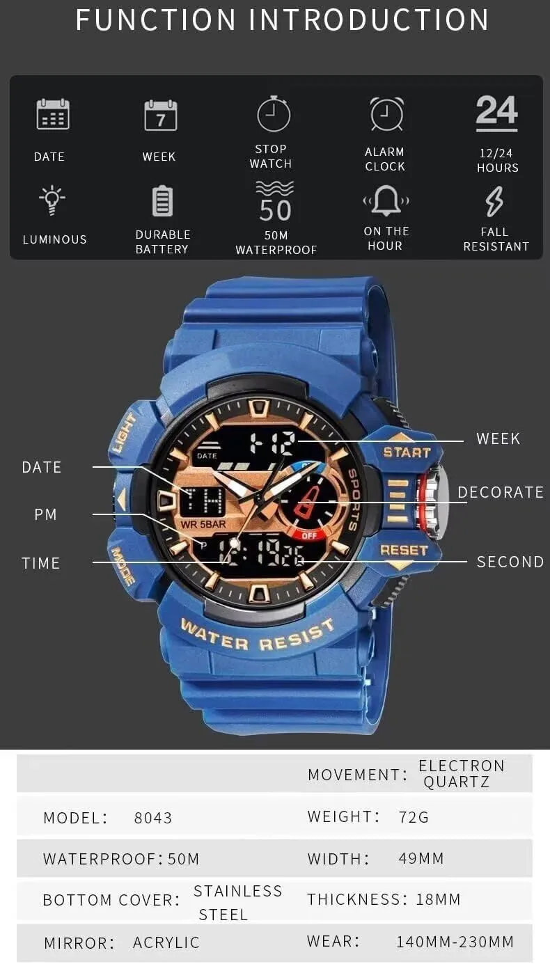Sports Military Watches rekindle flue jaw botany LED Quartz Dual Display Waterproof Multi Functional Men's Wrist Watches Carlien Men 