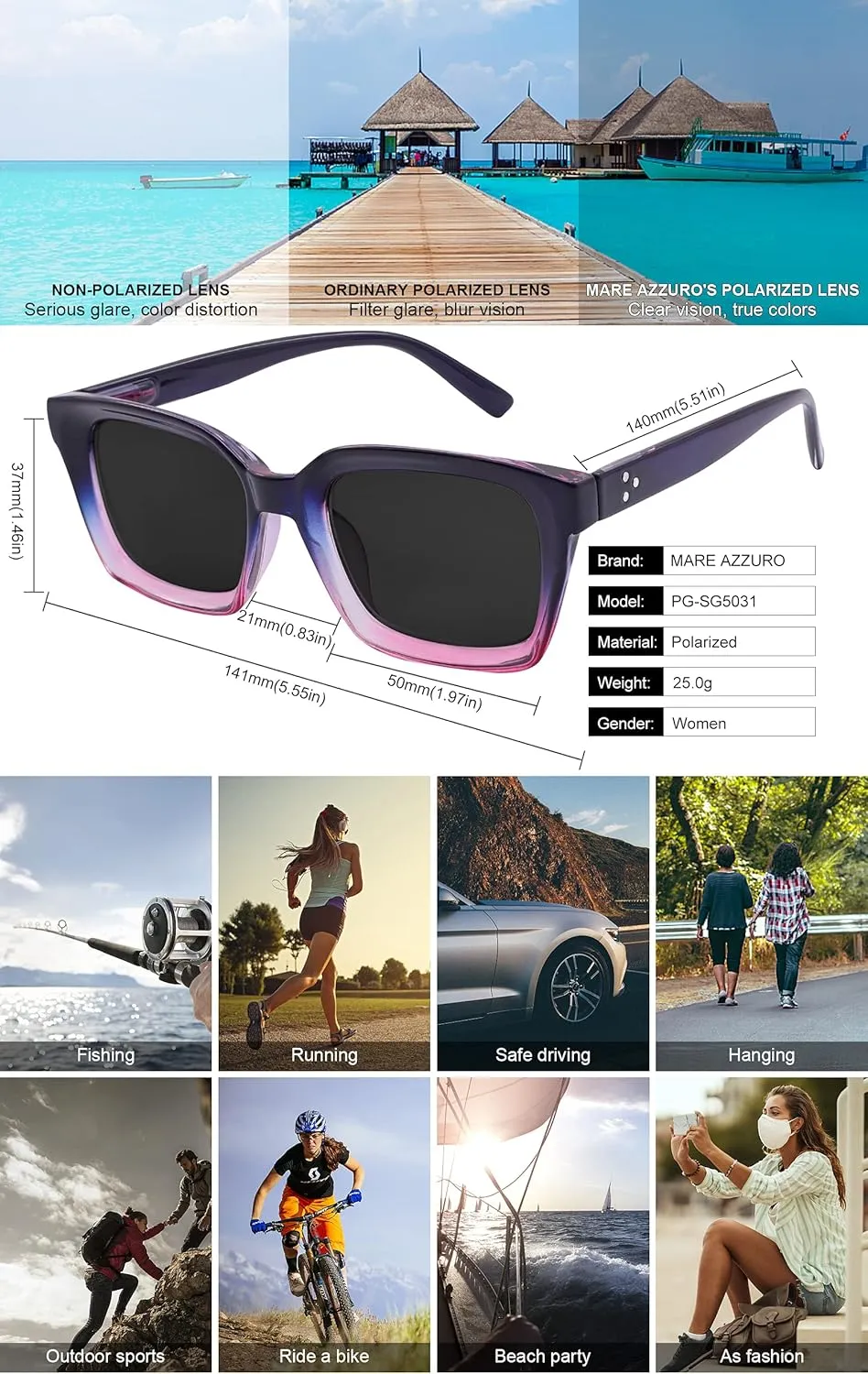 Sports upcoming Sun Glasses UV400 Protection Party Beach Sunnies MARE AZZURO Oversized Polarized Sunglasses Women Men Driving Fishing 