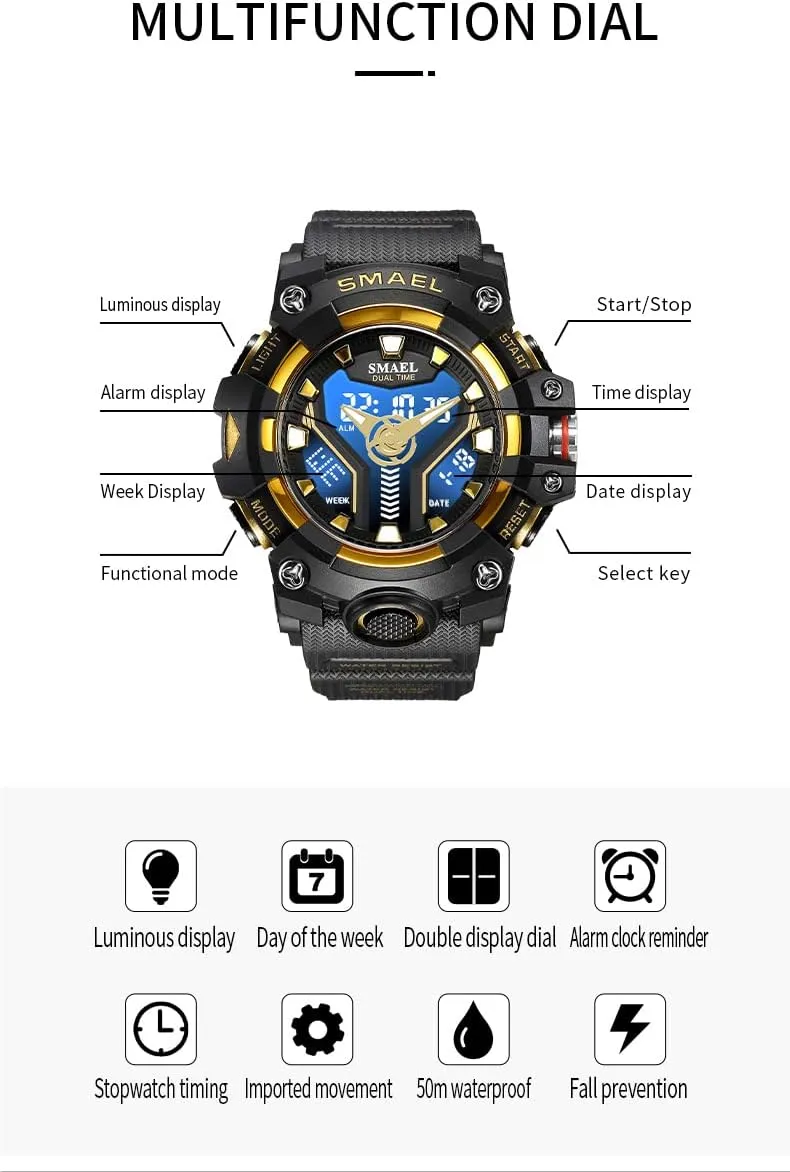 Sports Watch sick wheat Large Face Analog Digital Dual Display Waterproof Watches LED Alarm Stopwatch FANMIS Men's Military Tactics Watch Multi Function Outdoor 