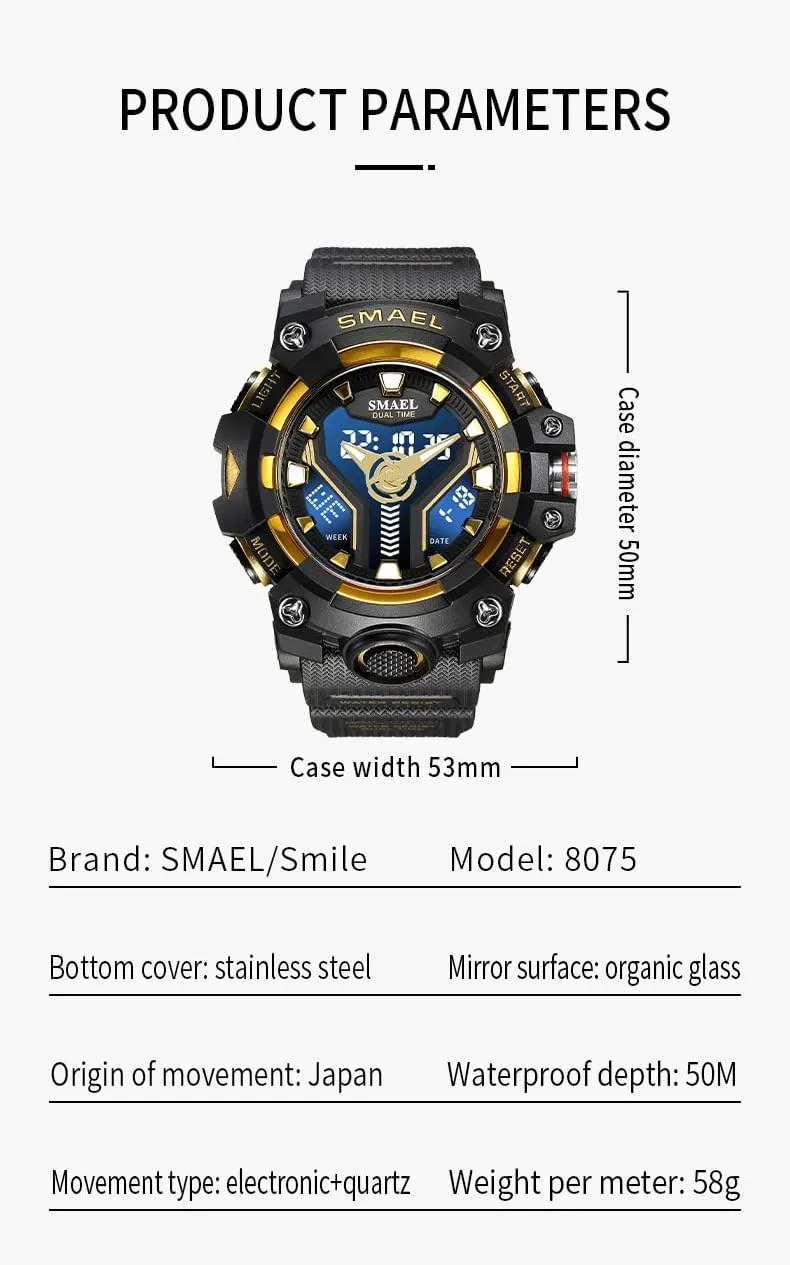 Sports Watch sick wheat Large Face Analog Digital Dual Display Waterproof Watches LED Alarm Stopwatch FANMIS Men's Military Tactics Watch Multi Function Outdoor 