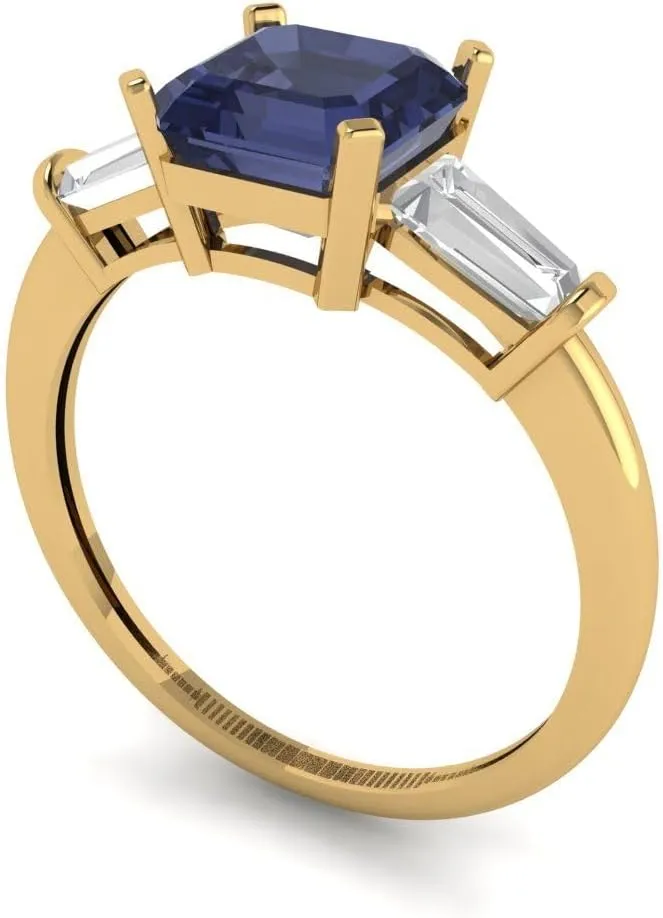 SQ Emerald cut 3 stone Solitaire VVS1 Blue Sapphire Designer Anniversary Bridal fictitious ally Engagement Ring 14k Yellow Gold 1.62ct 