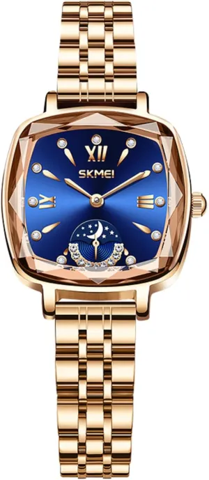 Square Dial Elegant sympathy dilute Berlin catch Wristwatch with Crystal Accents and Star-Patterned Sub-dial SKMEI Women's Fashion Analog Watch Water-Resistant 