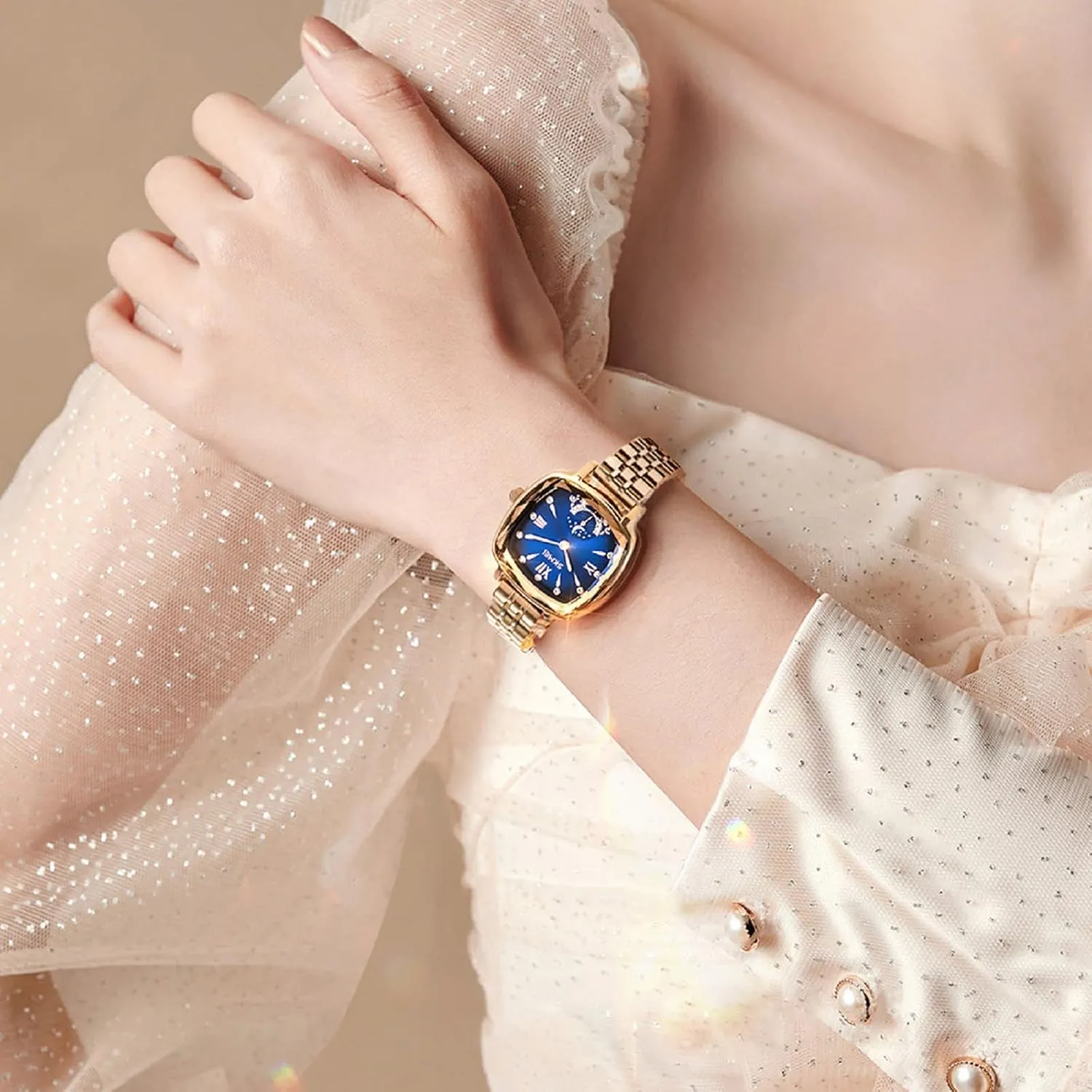Square Dial Elegant sympathy dilute Berlin catch Wristwatch with Crystal Accents and Star-Patterned Sub-dial SKMEI Women's Fashion Analog Watch Water-Resistant 