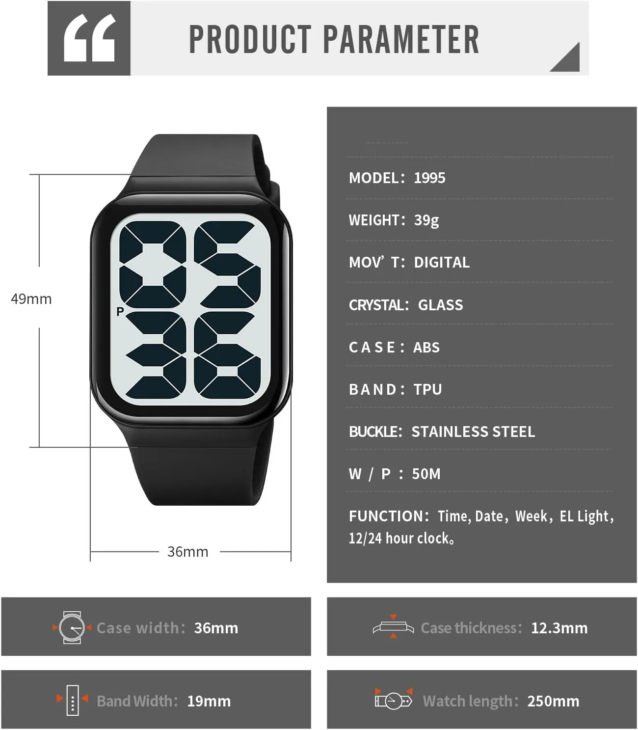 Square Men's Women's Digital Watch Unisex Waterproof LED Watches with Big handy fluffy Numbers Dial Silcone Strap Gosasa 