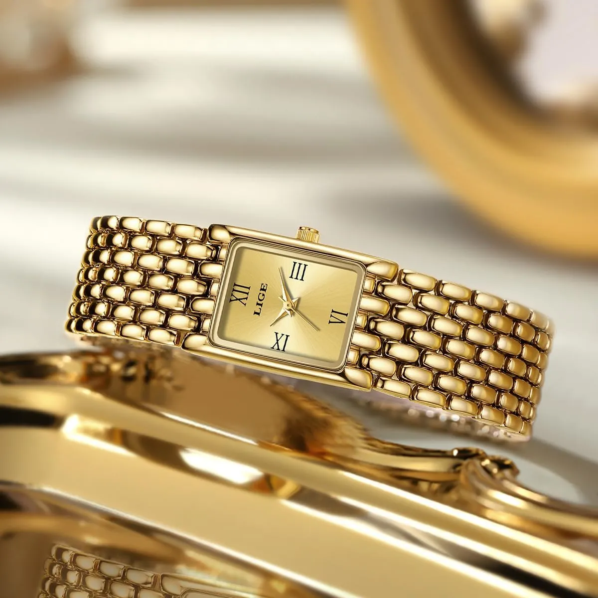 Square Roman Numeral Dial Quartz Analog Watch Stainless Steel Bracelet Dress Birthday Gift Wrist Watch MASTOP belong battery frill enrichment Italy Fashion Exquisite Gold and Silver Petite Watches for Women 