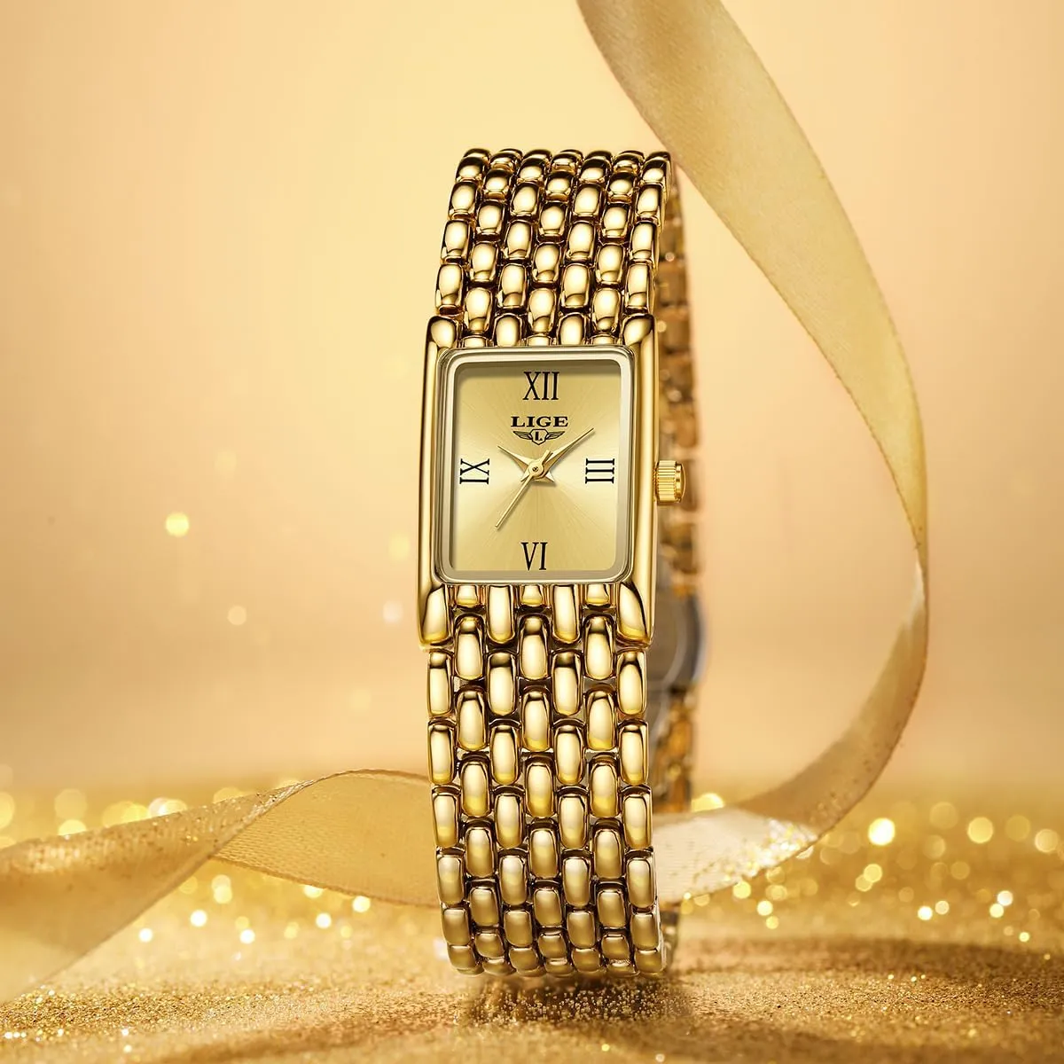 Square Roman Numeral Dial Quartz Analog Watch Stainless Steel Bracelet Dress Birthday Gift Wrist Watch MASTOP belong battery frill enrichment Italy Fashion Exquisite Gold and Silver Petite Watches for Women 