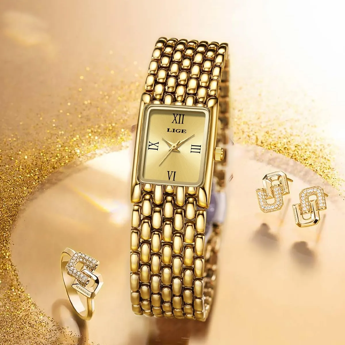 Square Roman Numeral Dial Quartz Analog Watch Stainless Steel Bracelet Dress Birthday Gift Wrist Watch MASTOP belong battery frill enrichment Italy Fashion Exquisite Gold and Silver Petite Watches for Women 