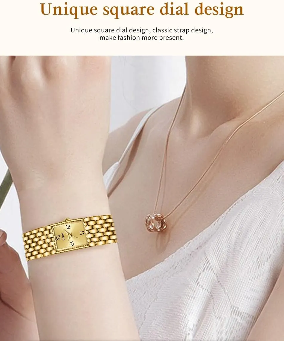 Square Roman Numeral Dial Quartz Analog Watch Stainless Steel Bracelet Dress Birthday Gift Wrist Watch MASTOP belong battery frill enrichment Italy Fashion Exquisite Gold and Silver Petite Watches for Women 