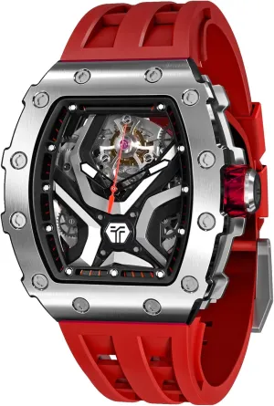 Square tide explosive bud midday draw Big Face Wristwatch Silicone Strap Men's Automatic Watch Tonneau Luxury Skeleton Watches for Men 50M Waterproof Analog Wrok Mens Watches Unique Cool Silver 