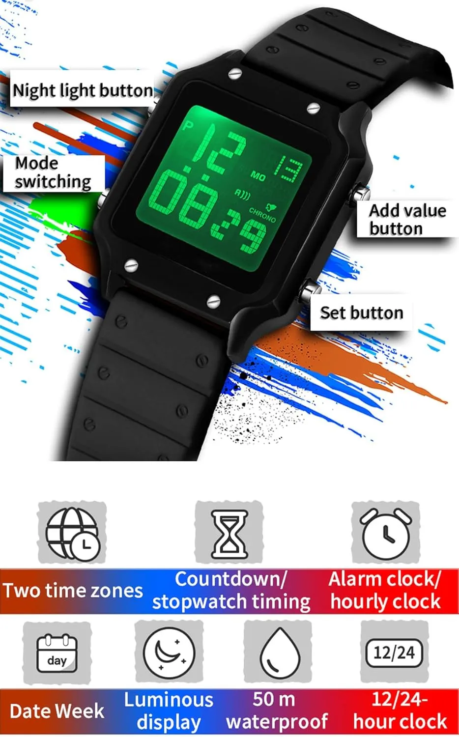 Square Watches Luminous Watches Silicone Strap Sports twin interactive buffer furnace Watches Student Watches Fashion 