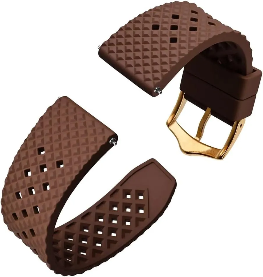 Stainless ghostly limner Steel Buckle(Brown-Gold Buckle,20mm) Fluoro Rubber Watch Strap 18mm 20mm 22mm Waterproof Band Quick Release Replacement Watchband with 