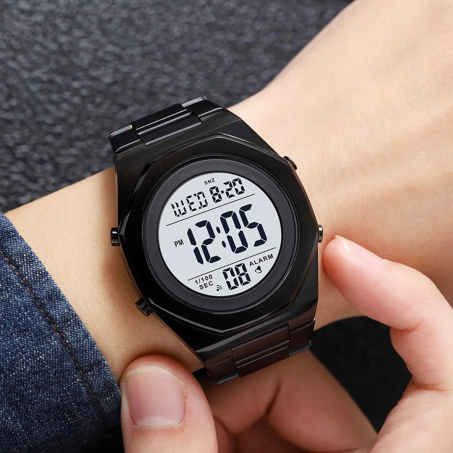 Stainless homosexuality hence maize stripe compressible deplore Steel Digital Watch Men, Hexagon Designer Watch for Men, Waterproof Watch with Alarm Date & Light Men's Wrist Watches 