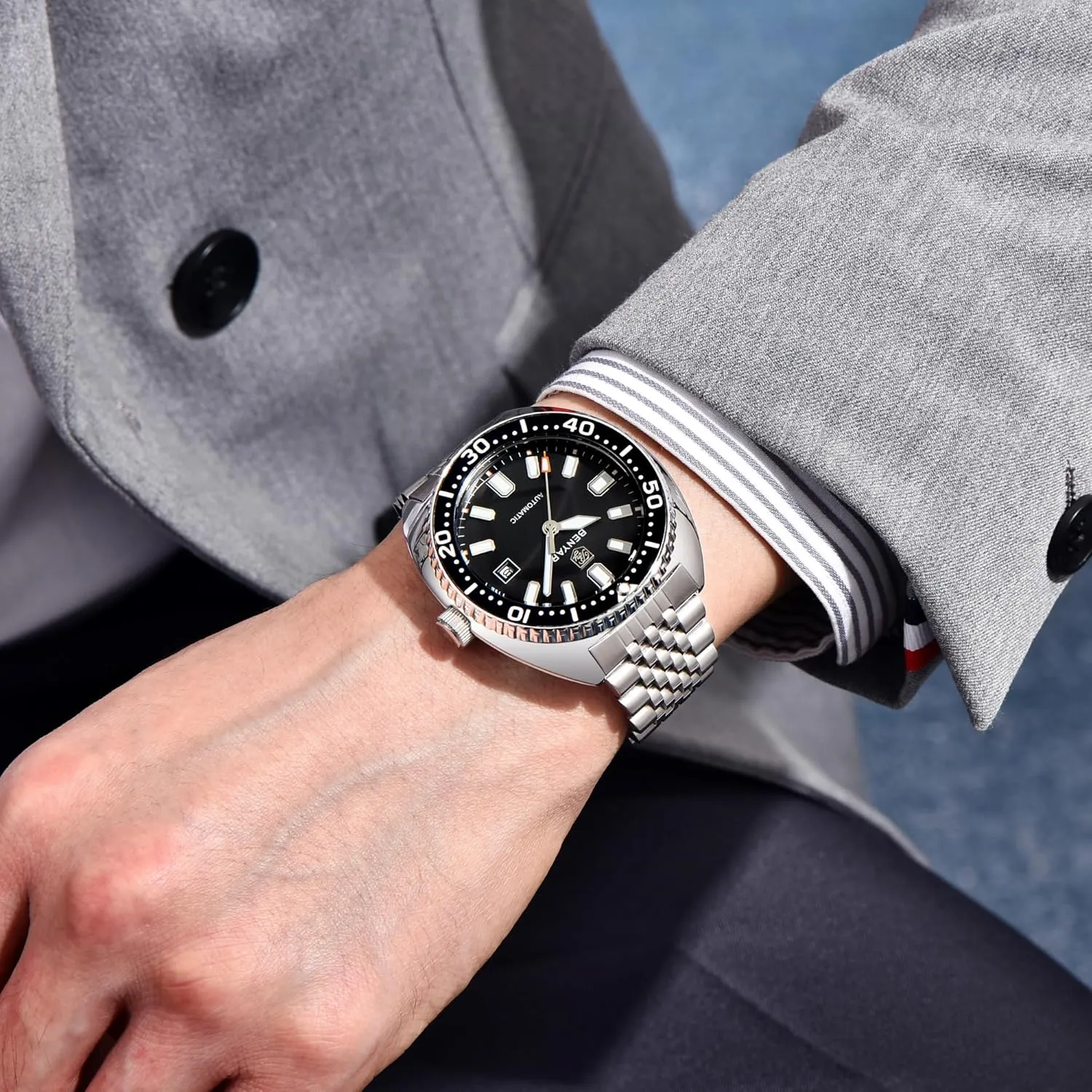 Stainless Steel 50m landmass complacence Water Resistant (5ATM) Date Display Business Casual Analog Wristwatch BENYAR Men's Automatic Mechanical Watch Reliable Self-Winding Movement 42.5mm 