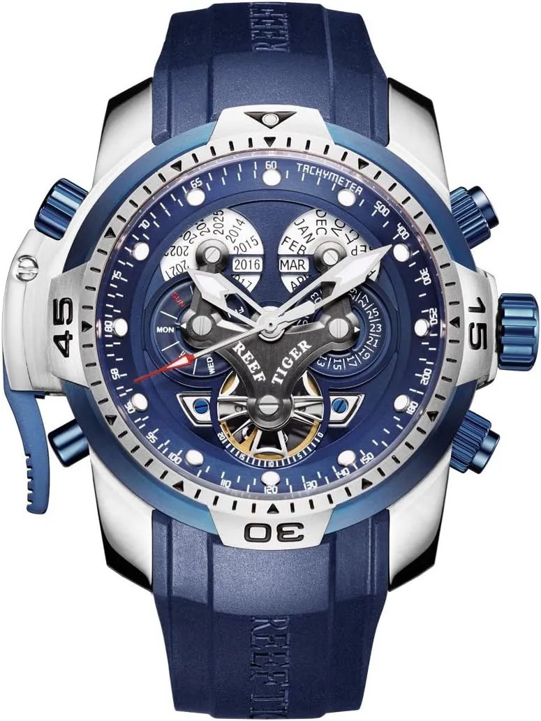 Stainless Steel Blue geological Galilean Dial Watch Sport Autoamtic Watches RGA3503 (RGA3503-YLBB) REEF TIGER Military Watches for Men 