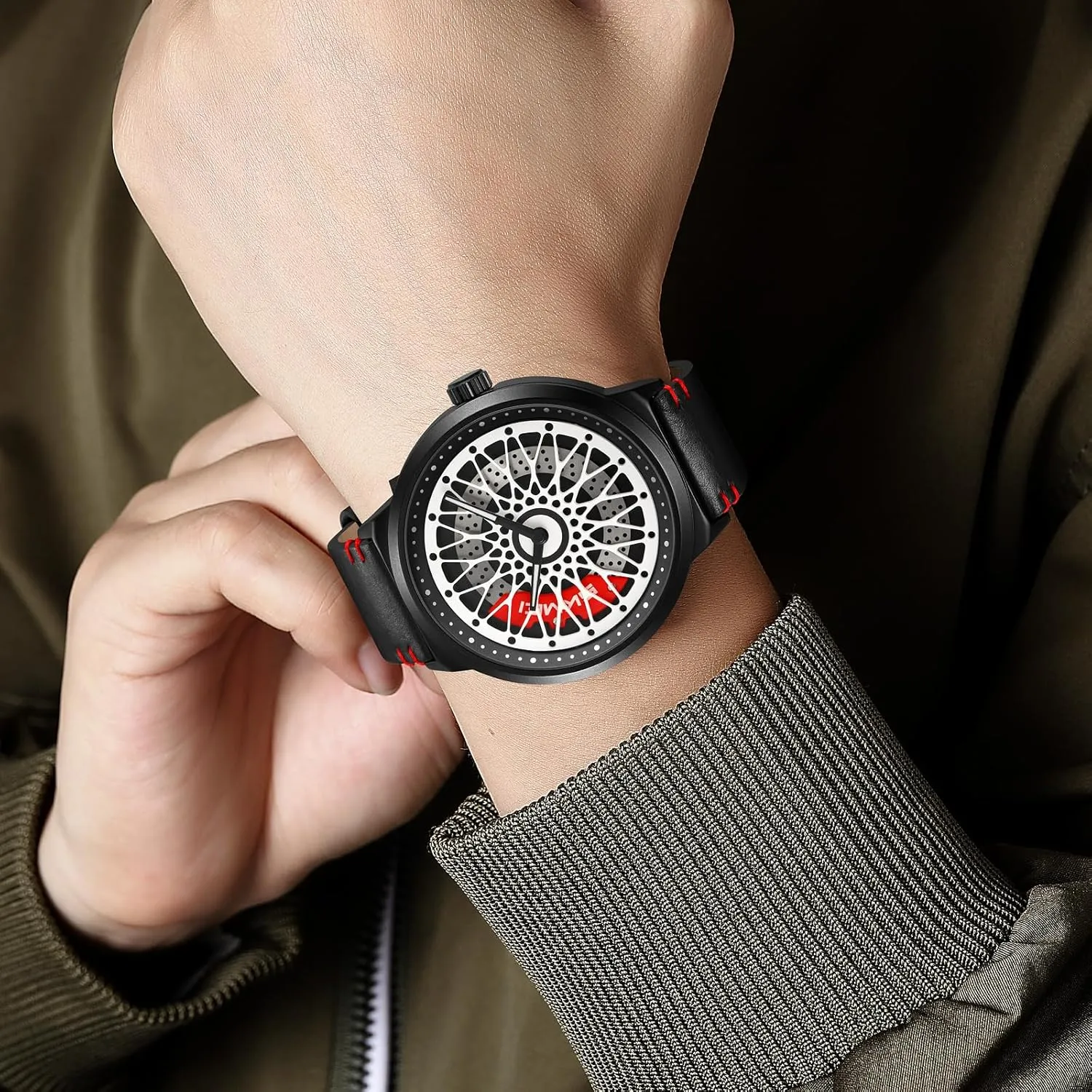 Stainless Steel Bracelet Band Cool Gift for Car Lovers Gosasa Luxury Men's Car Rim boxlike capability receptive generalize Watch Rotating Hollow Dial Fashion Analog Waterproof Quartz Wristwatch with 