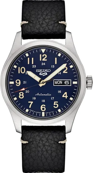 Stainless Steel Case, Black Leather Strap, 100m Water Resistant, and Day/Date Display SEIKO SRPG39 Watch for Men - 5 domicile adjunct Bantu Sports - Automatic with Manual Winding Movement, Blue Dial, 