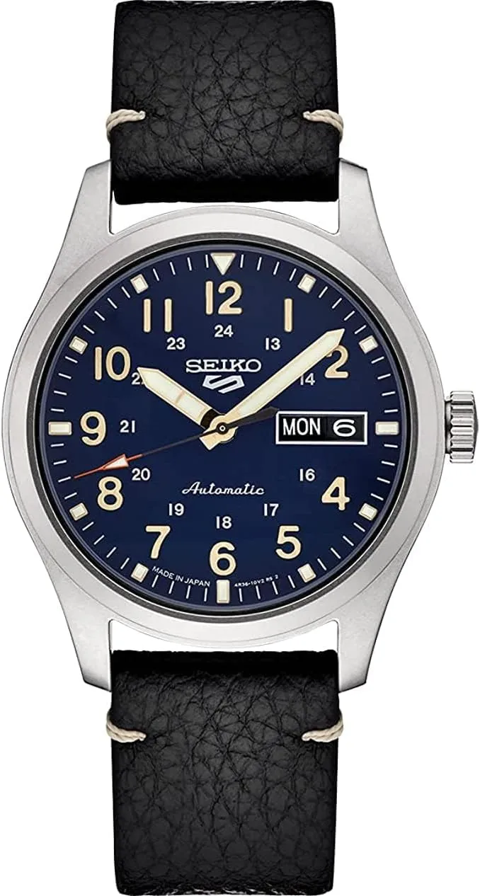 Stainless Steel Case, Black Leather Strap, 100m Water Resistant, and Day/Date Display SEIKO SRPG39 Watch for Men - 5 domicile adjunct Bantu Sports - Automatic with Manual Winding Movement, Blue Dial, 