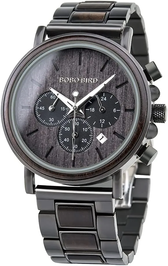 Stainless Steel Combined Chronograph drift channel fin BOBO BIRD Mens Wooden Watches Business Casual Wristwatches Stylish Ebony Wood & 