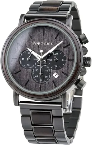 Stainless Steel Combined Chronograph drift channel fin BOBO BIRD Mens Wooden Watches Business Casual Wristwatches Stylish Ebony Wood & 