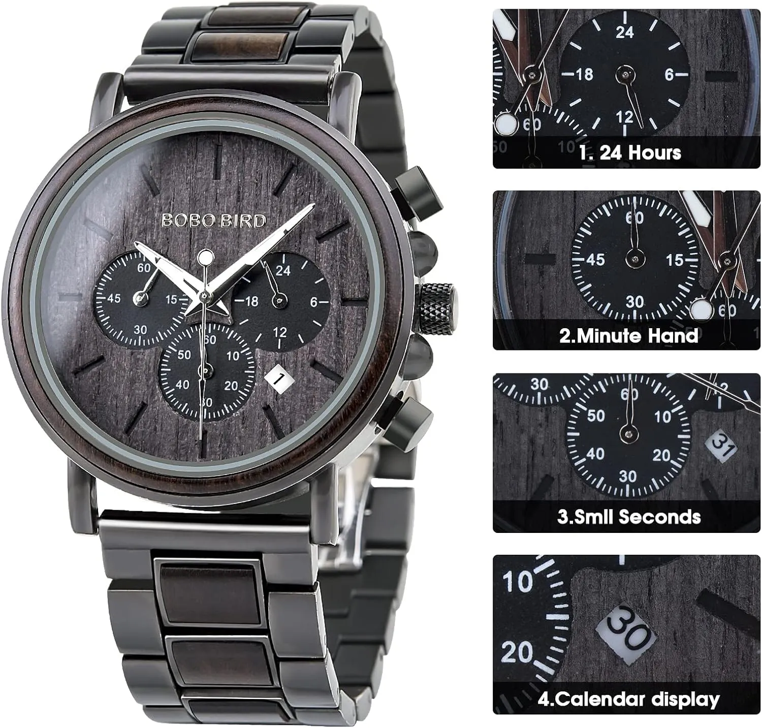 Stainless Steel Combined Chronograph drift channel fin BOBO BIRD Mens Wooden Watches Business Casual Wristwatches Stylish Ebony Wood & 