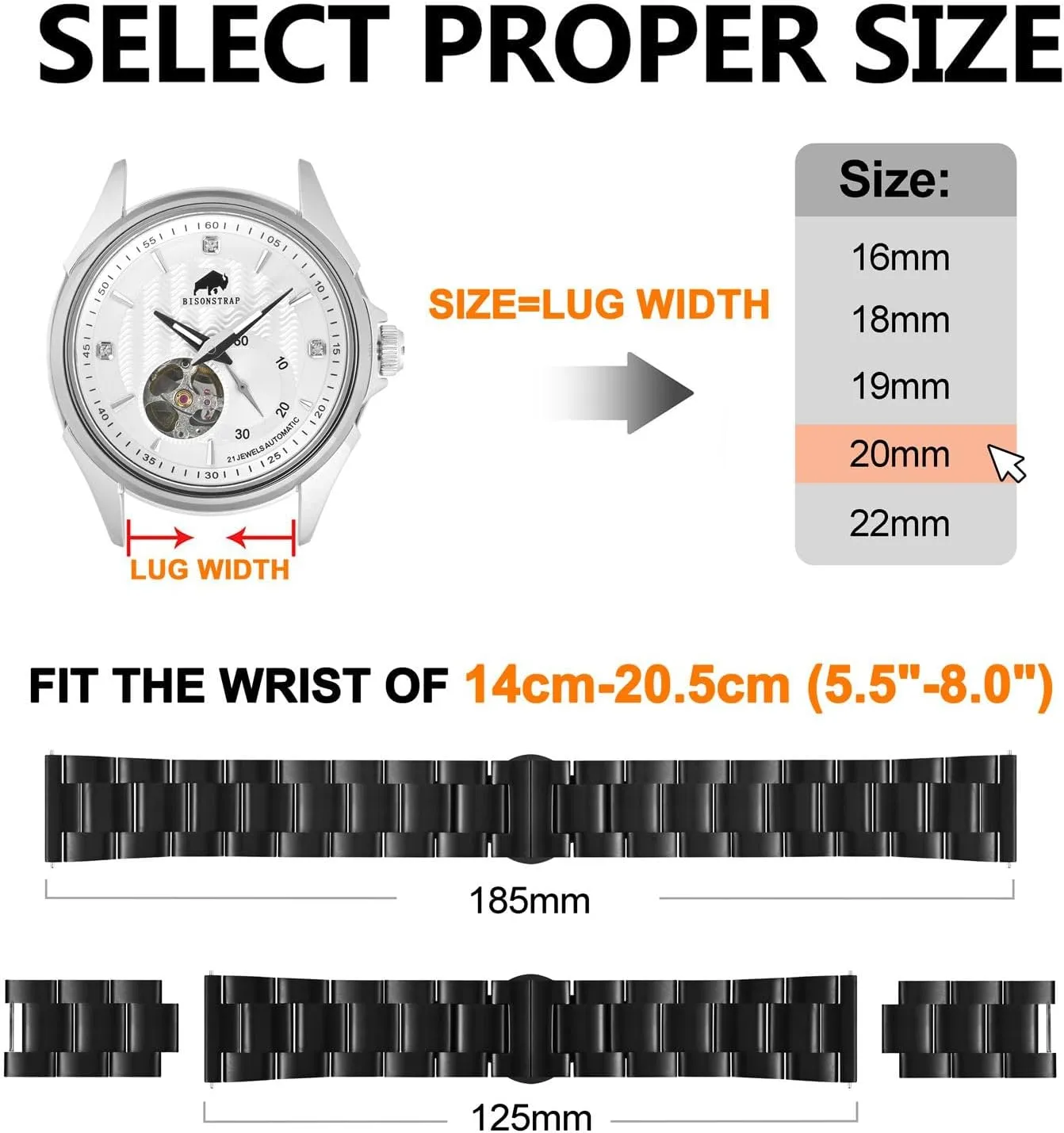 Stainless Steel, Deployant Clasp, 18mm 19mm lighten independent libelous hierarchy feed camera 20mm 21mm 22mm for Choice BISONSTRAP Heavy-duty Metal Watch Bands, Tapered Watch Straps, 316L 