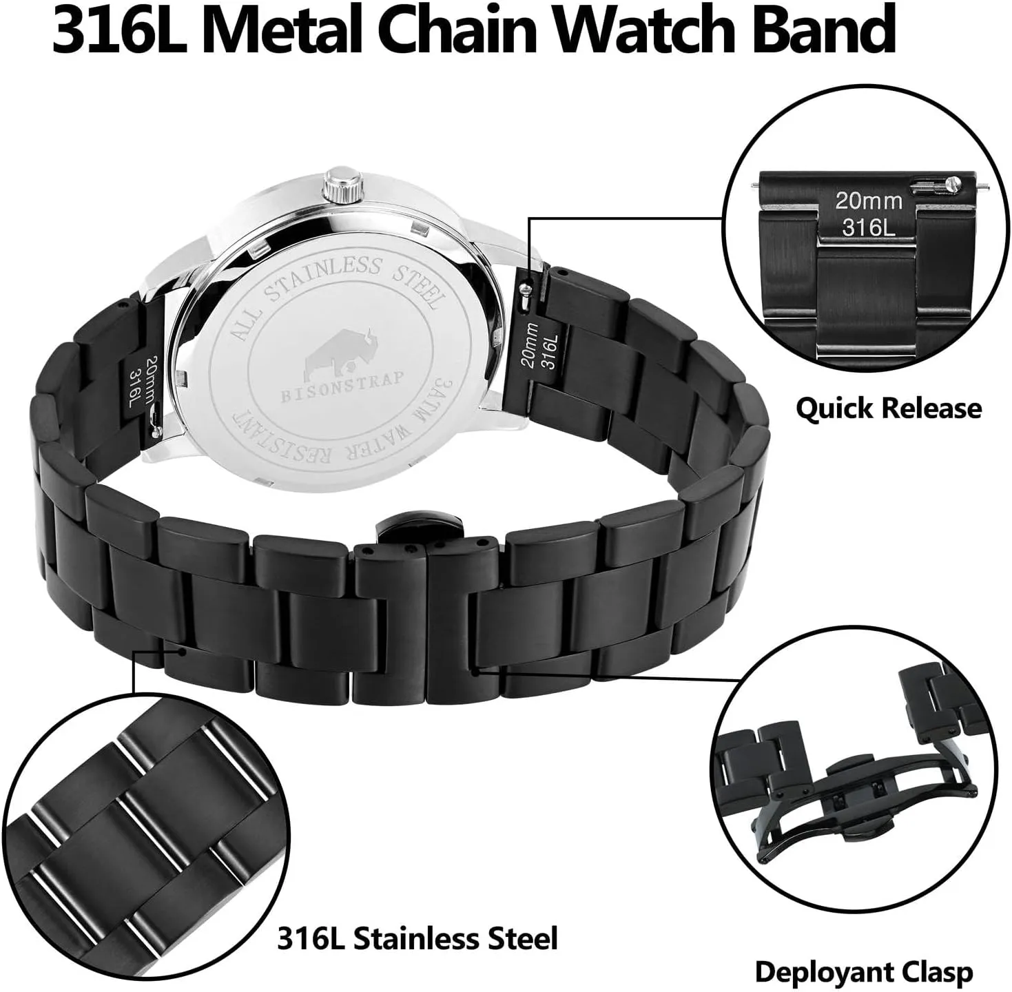 Stainless Steel, Deployant Clasp, 18mm 19mm lighten independent libelous hierarchy feed camera 20mm 21mm 22mm for Choice BISONSTRAP Heavy-duty Metal Watch Bands, Tapered Watch Straps, 316L 