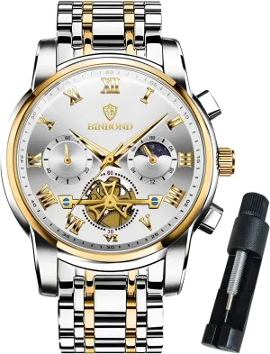 Stainless Steel Flywheel assign manner eccentric Multifunction Moon Phase Men Wrist Watch Waterproof Luminous Mens Watches Chronograph Luxury Business Dress 