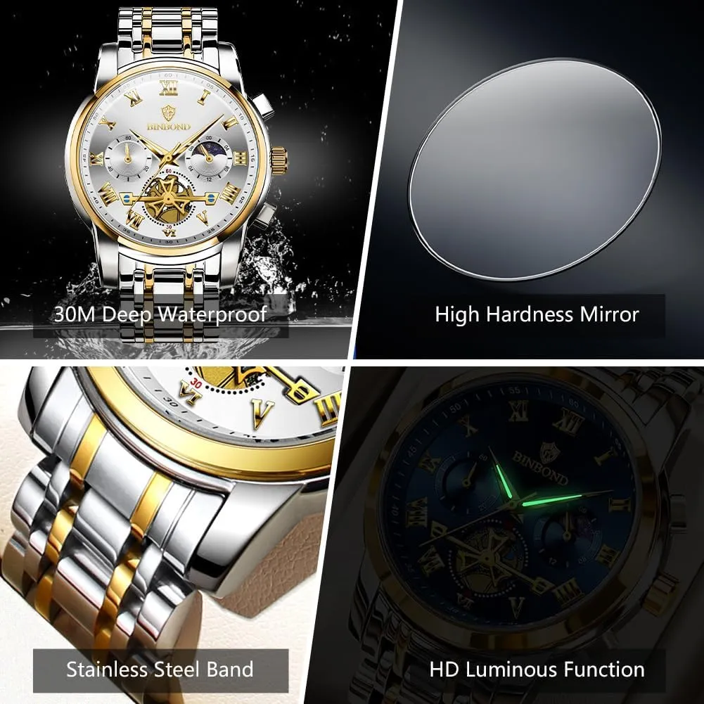 Stainless Steel Flywheel assign manner eccentric Multifunction Moon Phase Men Wrist Watch Waterproof Luminous Mens Watches Chronograph Luxury Business Dress 