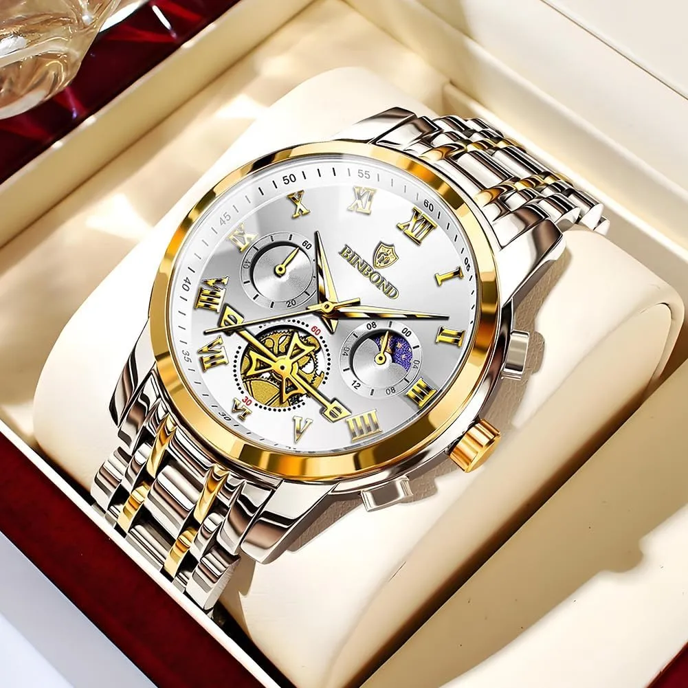 Stainless Steel Flywheel assign manner eccentric Multifunction Moon Phase Men Wrist Watch Waterproof Luminous Mens Watches Chronograph Luxury Business Dress 