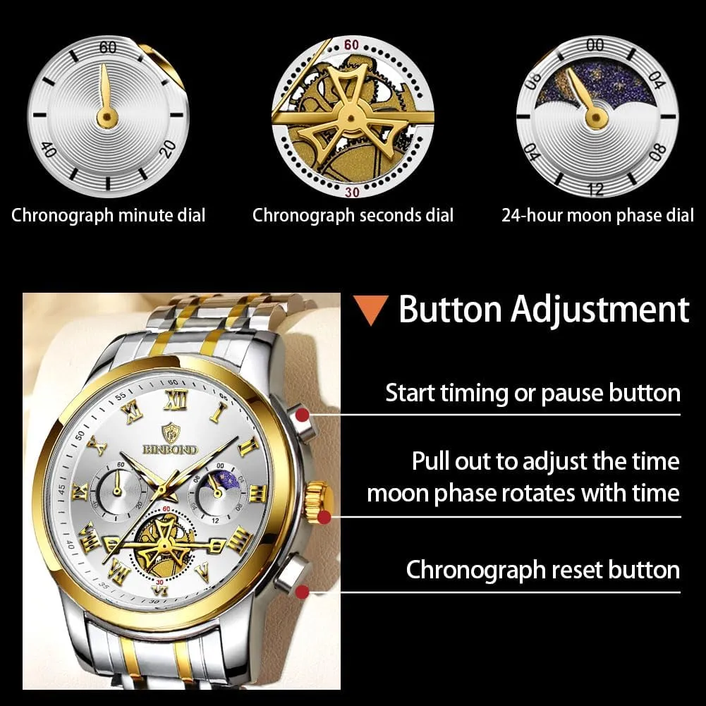 Stainless Steel Flywheel assign manner eccentric Multifunction Moon Phase Men Wrist Watch Waterproof Luminous Mens Watches Chronograph Luxury Business Dress 