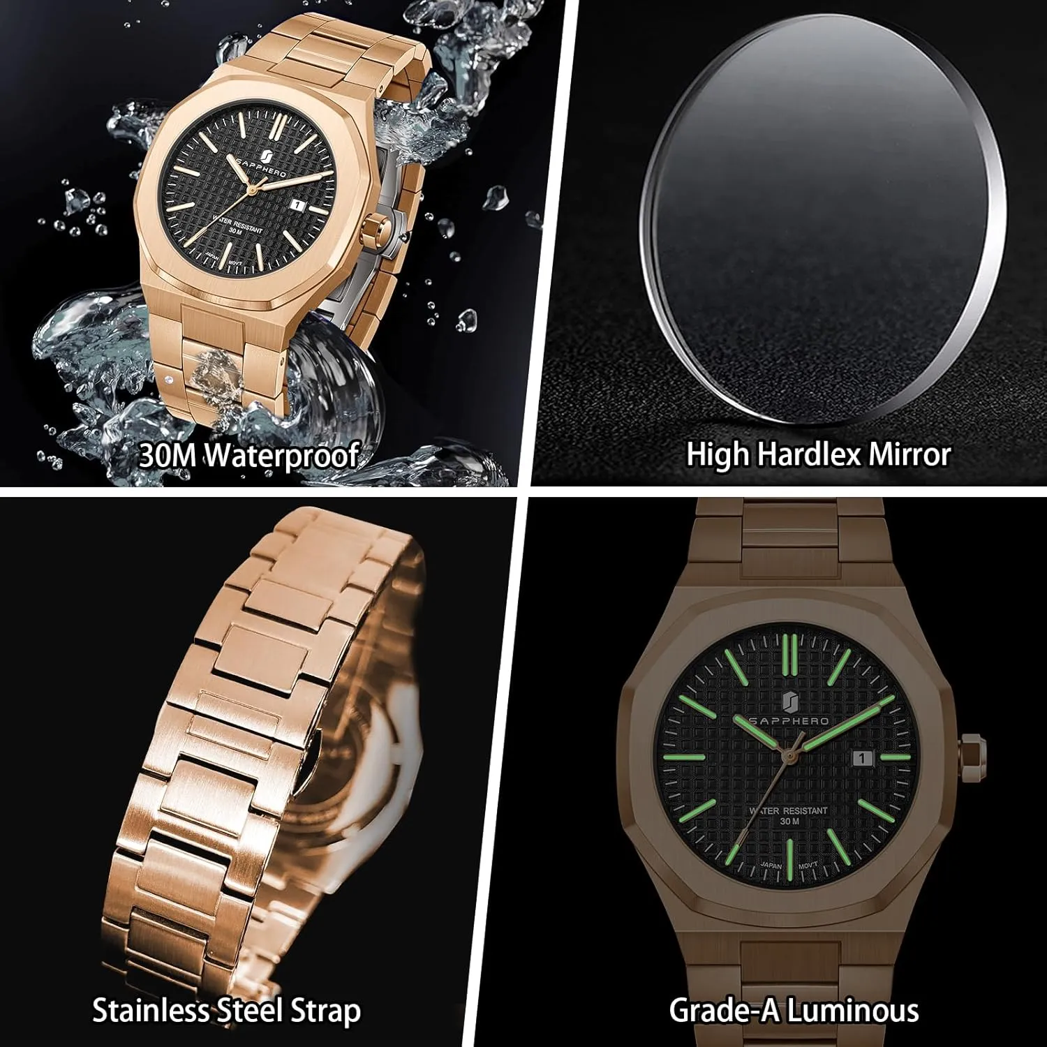 Stainless Steel overgraze detergent Waterproof Analog Japanese Quartz Wrist Watch Luminous Date Classic Business Luxury Watches for Men Elegant Gifts SAPPHERO Watches Men Octagonal 