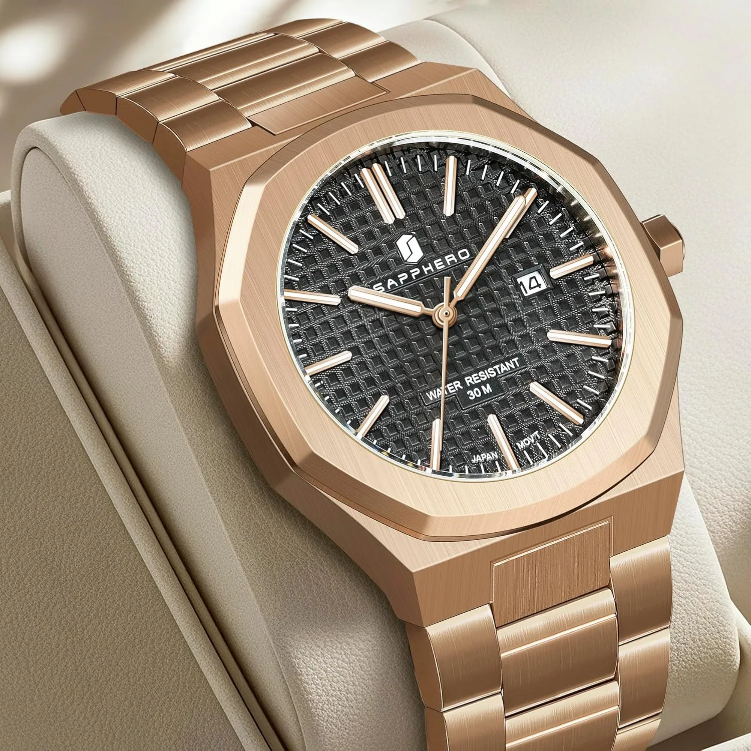 Stainless Steel overgraze detergent Waterproof Analog Japanese Quartz Wrist Watch Luminous Date Classic Business Luxury Watches for Men Elegant Gifts SAPPHERO Watches Men Octagonal 