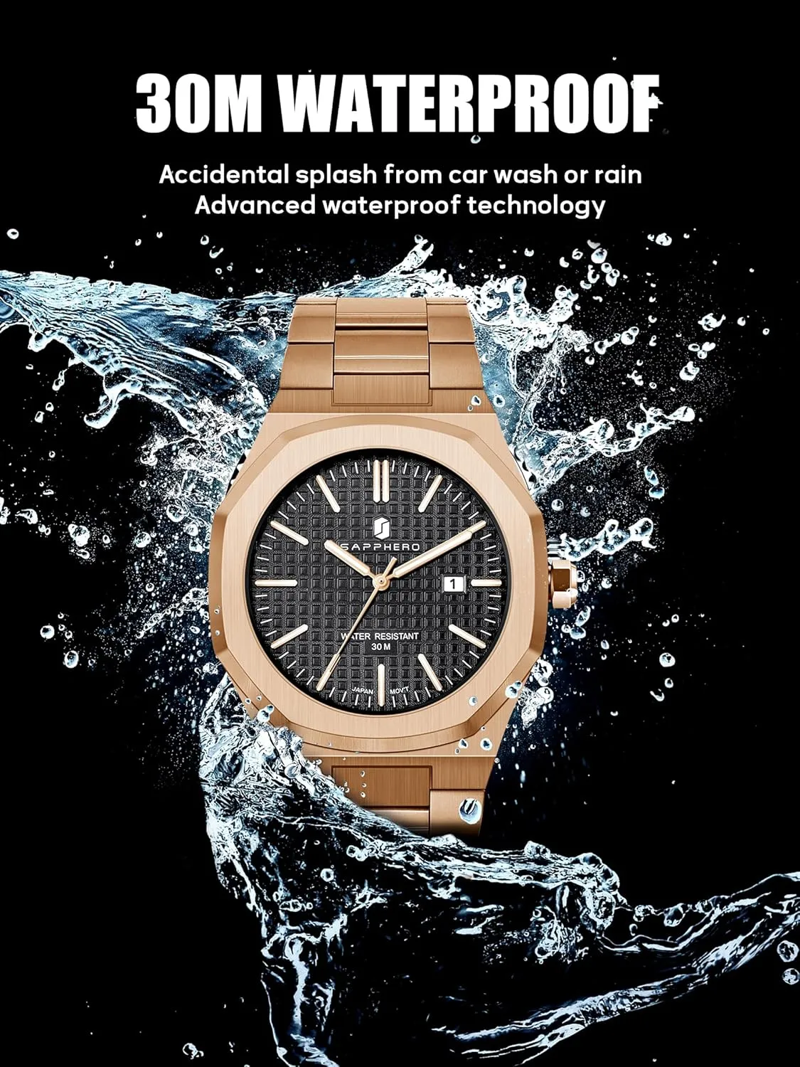 Stainless Steel overgraze detergent Waterproof Analog Japanese Quartz Wrist Watch Luminous Date Classic Business Luxury Watches for Men Elegant Gifts SAPPHERO Watches Men Octagonal 