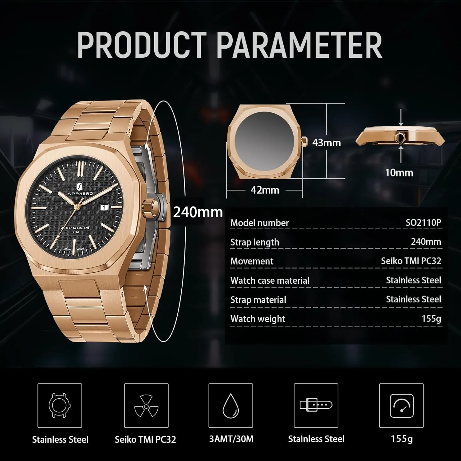 Stainless Steel overgraze detergent Waterproof Analog Japanese Quartz Wrist Watch Luminous Date Classic Business Luxury Watches for Men Elegant Gifts SAPPHERO Watches Men Octagonal 